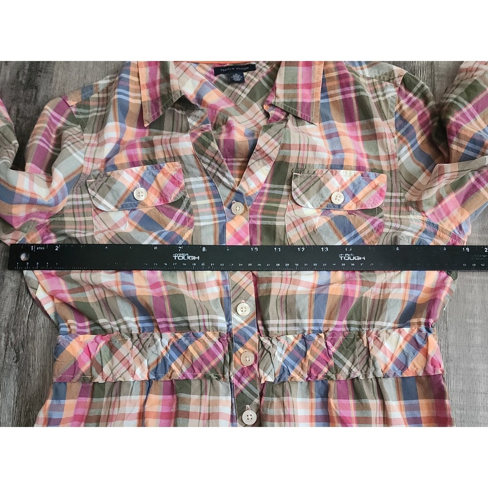 Tommy Hilfiger Shirt Dress Womens 10 Multi Plaid Cotton Roll Tab Sleeve Cinched - Picture 5 of 7